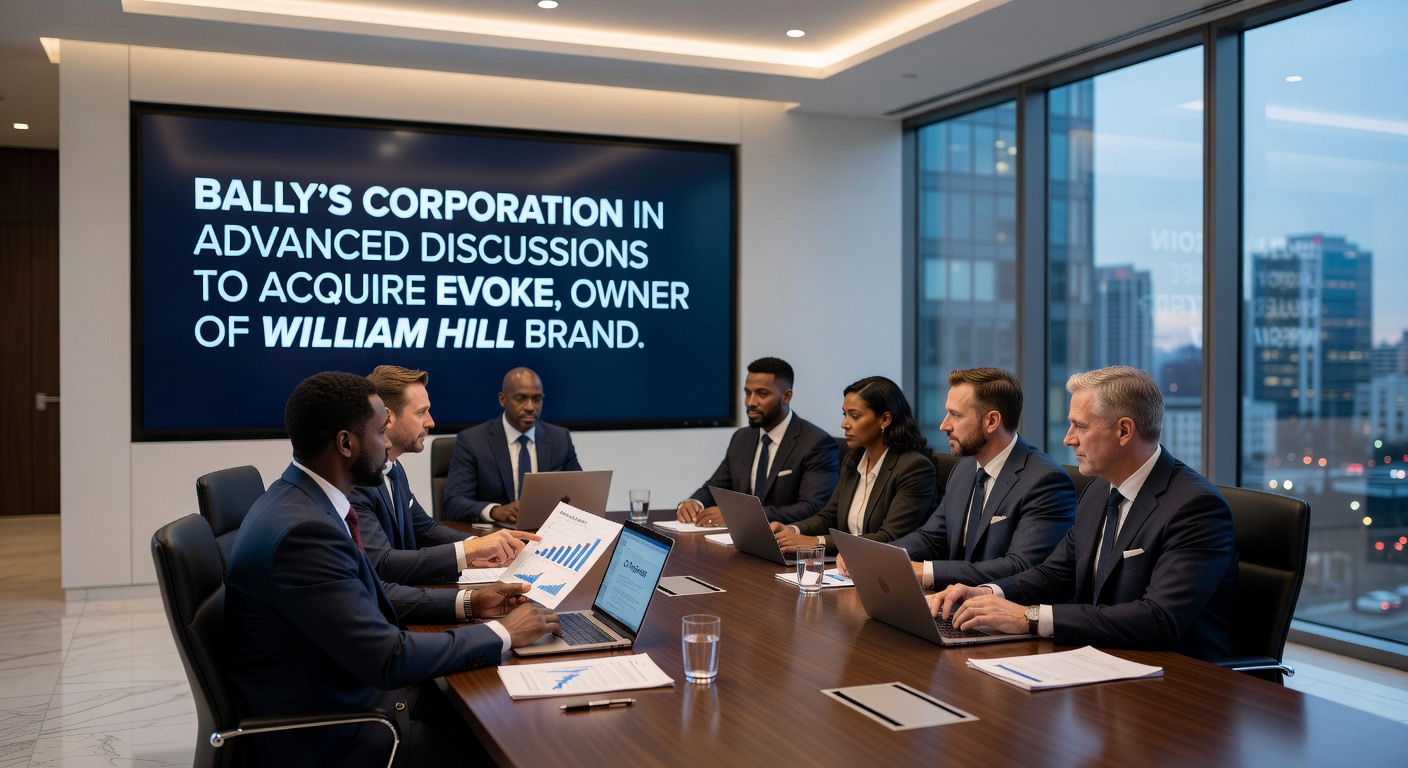 Modern office setting with financial charts and merger documents on a table, evoking corporate acquisition negotiations