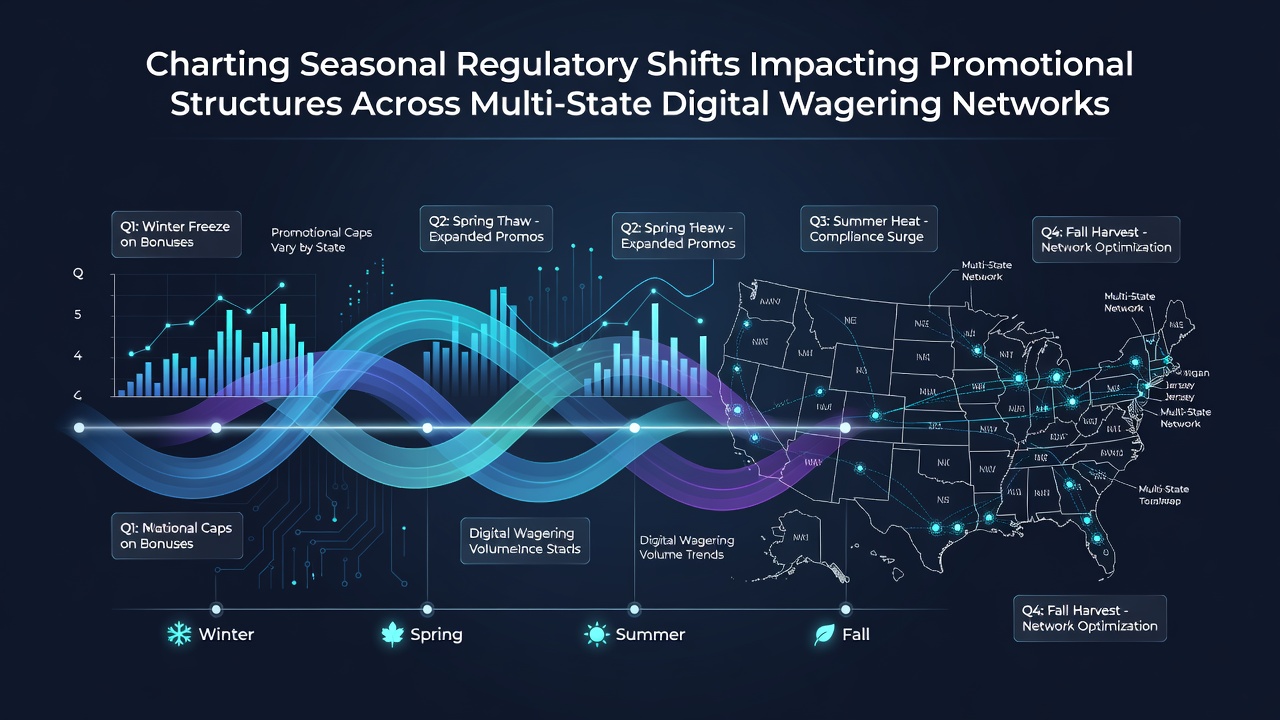Regulatory analysts reviewing seasonal compliance charts for digital wagering promotions across multiple states