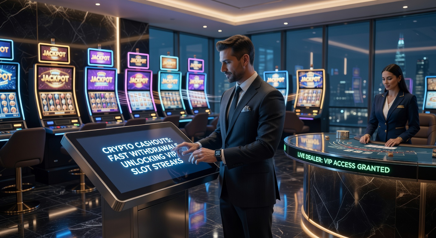 Dynamic screenshot of crypto withdrawal confirmation screen transitioning to VIP slot reels spinning with jackpot lights