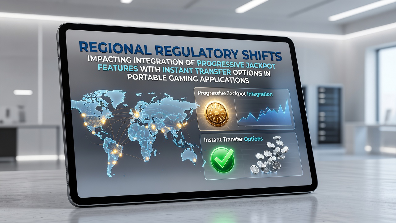 Regulatory documents and mobile gaming interfaces showing progressive jackpot integration with transfer features