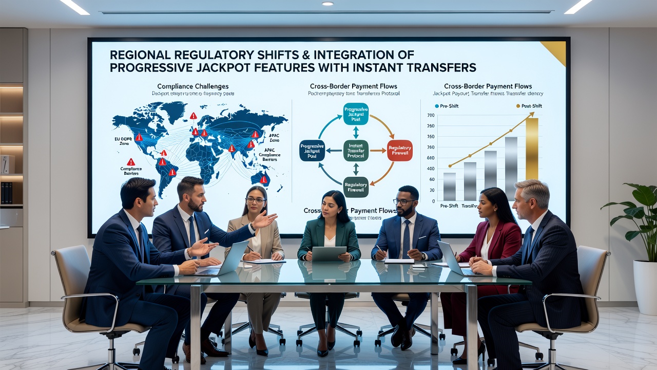 Mobile app screens displaying jackpot progress bars and instant transfer confirmations under regulatory review