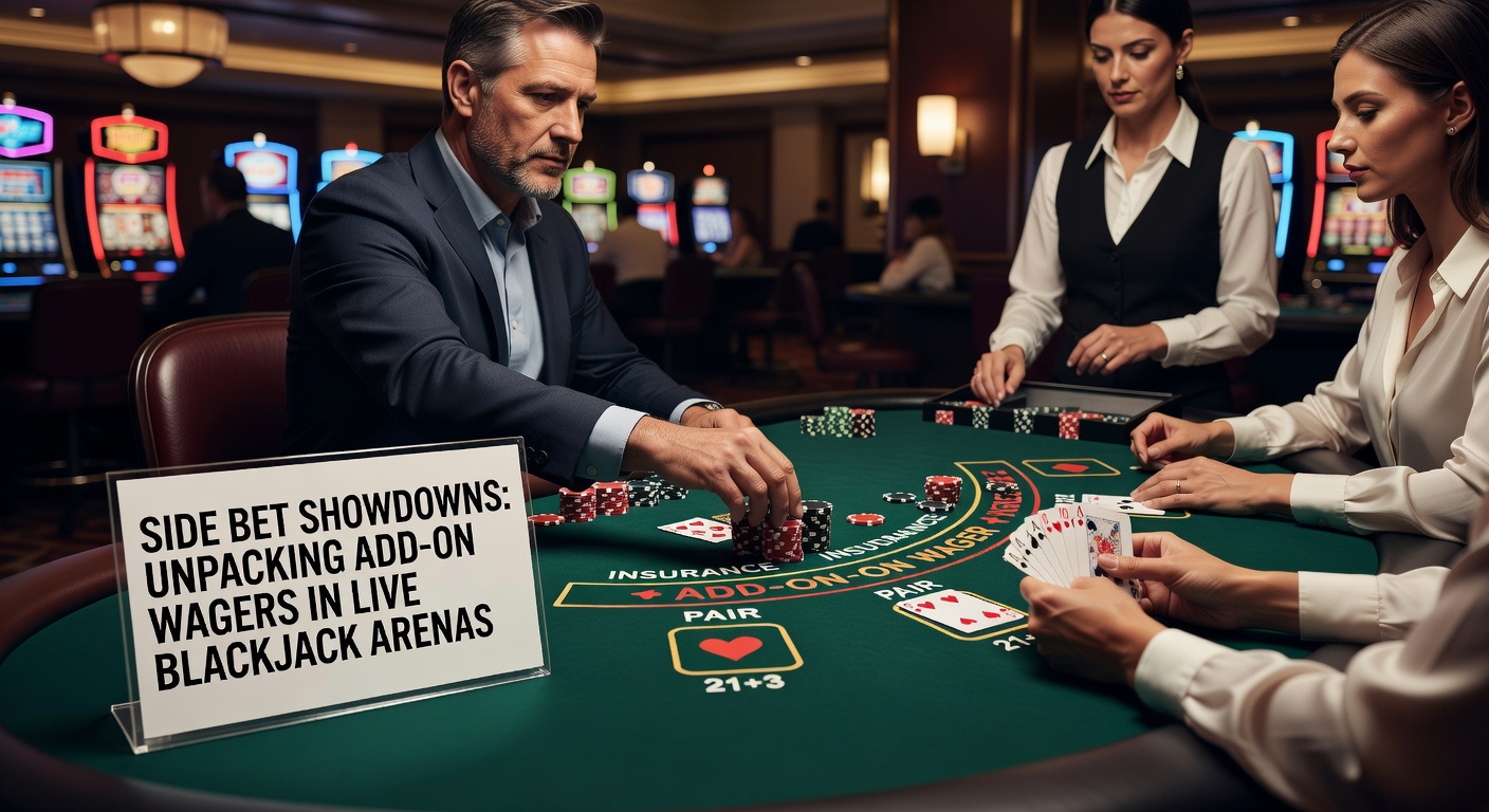 Live dealer blackjack table with side bet options illuminated on the screen, players engaging in real-time action