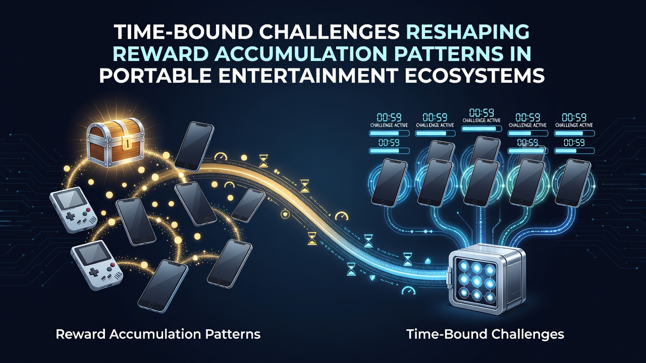 Mobile device displaying time-limited challenge interfaces within a portable entertainment app ecosystem