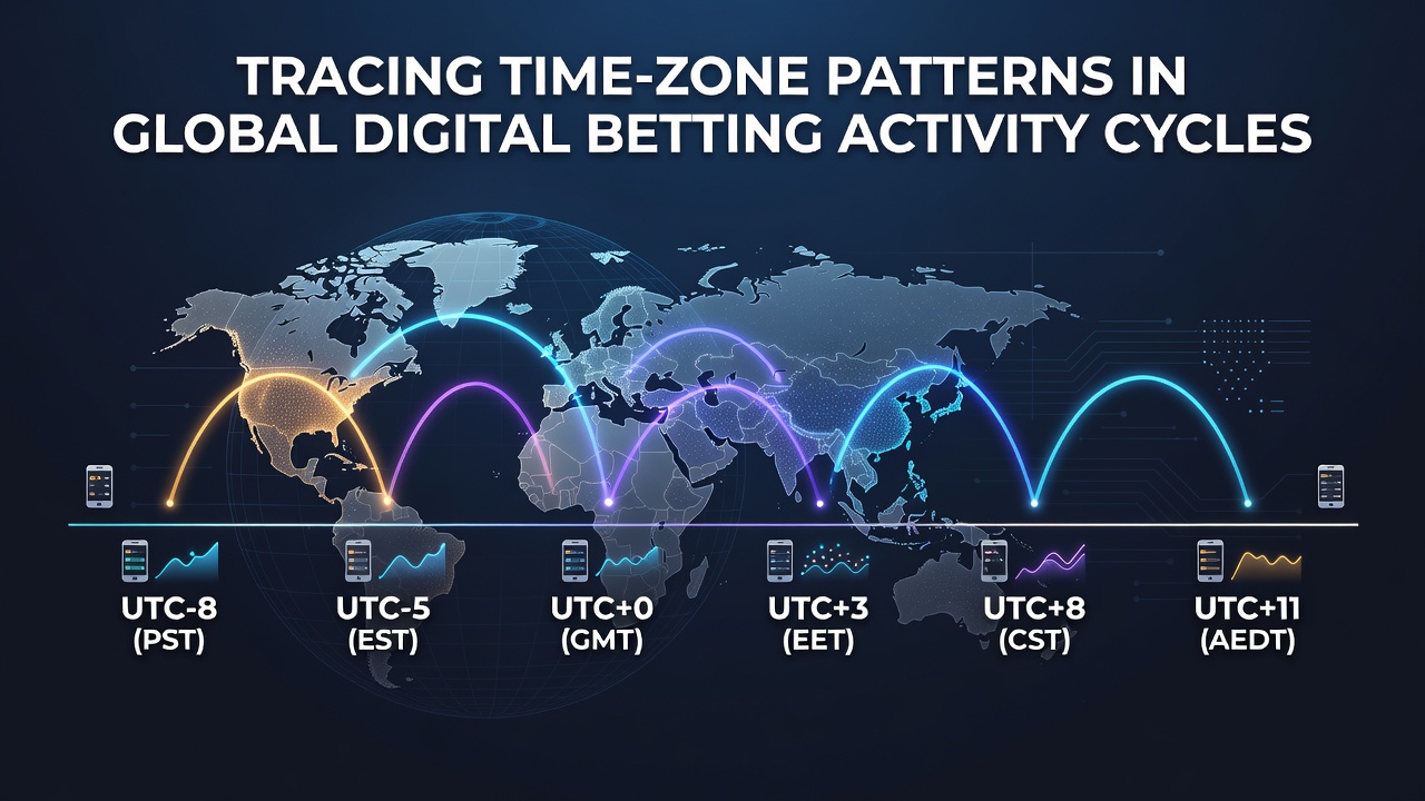 Graph illustrating hourly betting volume curves for Asia, Europe, and North America overlaid on a 24-hour timeline